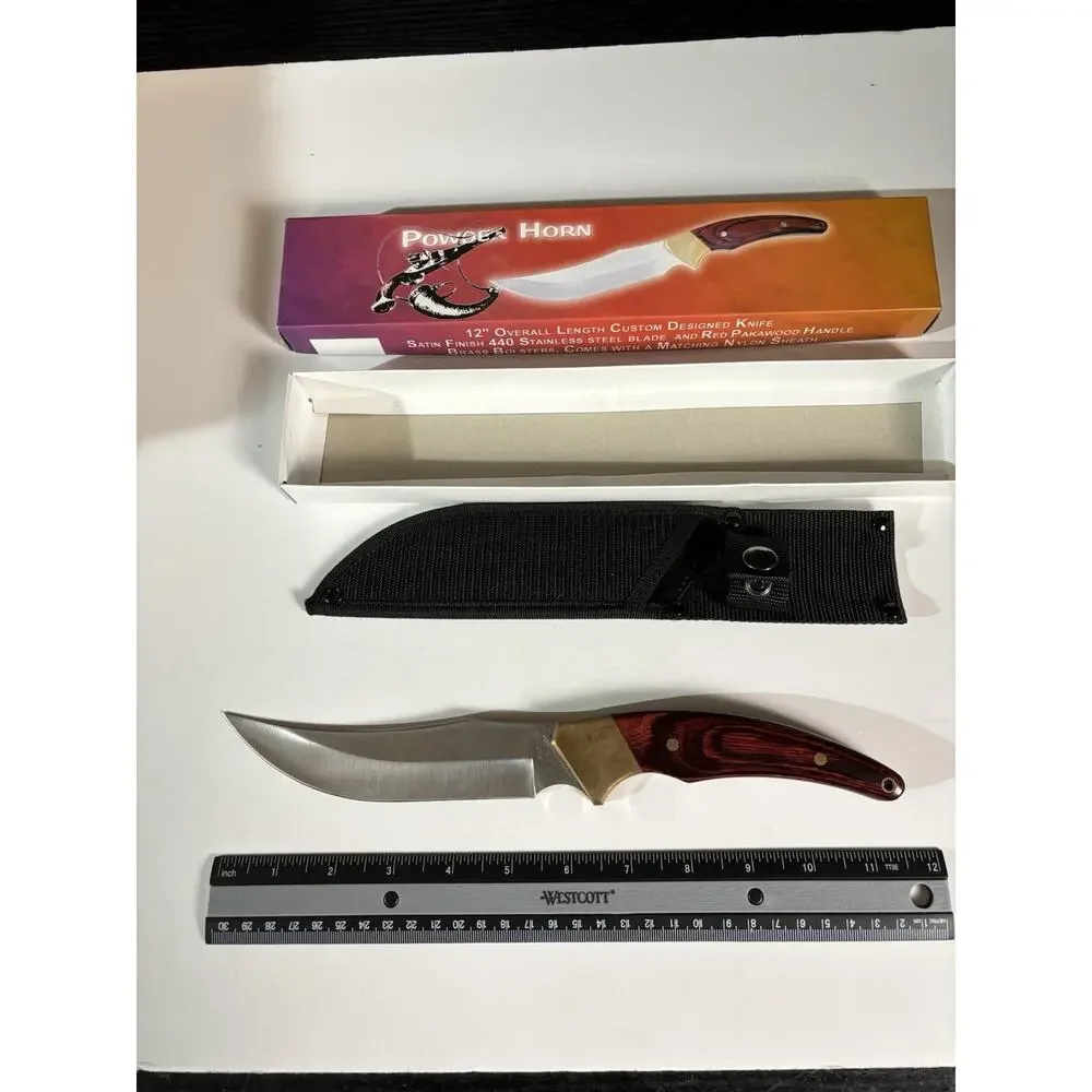 12” Custom Designed Knife Satin Finish Pakawood Handle. Nylon Sheath. New In Box